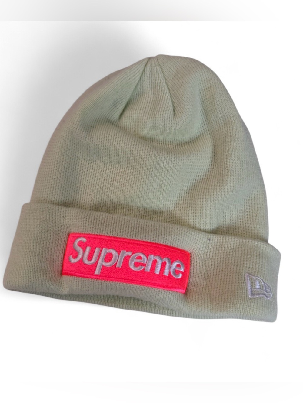 Supreme Beanie Hat in Light Green with Pink Logo